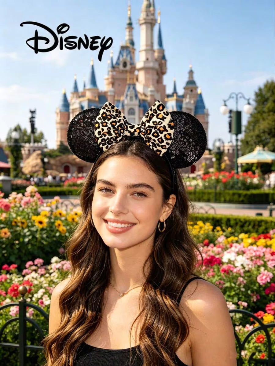 1pc Disney Black Sequin + Leopard Print Headband, Holiday Party Headpiece, Photo Prop, Amusement Park Accessory, Suitable For Birthday Party And Easter Events, Cute Cartoon Bow Hair Clip, Princess Costume Accessory Hairband Headband